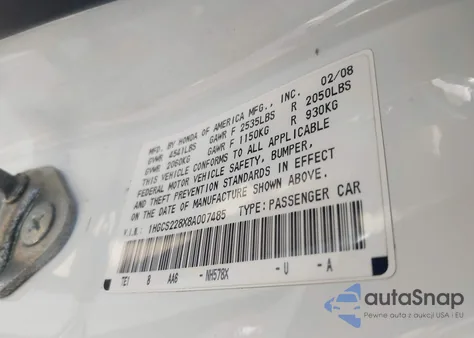 2008 Honda Accord 3.5 Ex-L z USA, uszkodzony, nr VIN 1HGCS228X8A007485